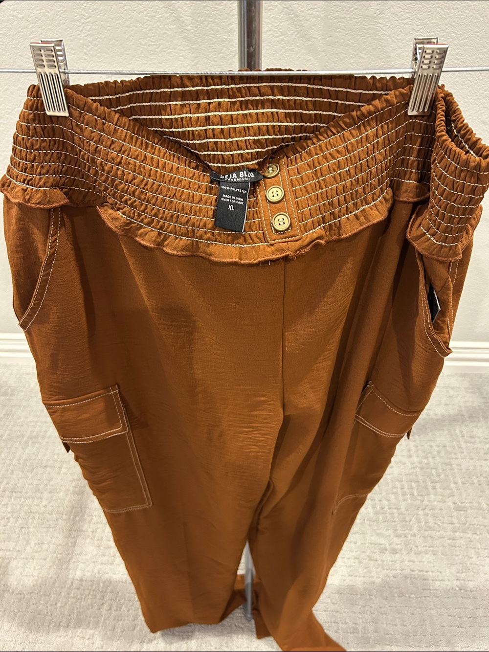 Women's Cargo Pants with Smocked Elastic Waist - Rust Brown